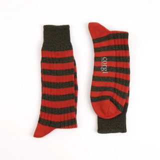 Loden and rust striped socks with a brand logo on a white background