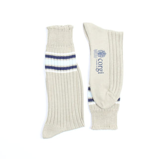 Pair of naturalsocks with blue and whitestripes and 'Corgi' branding on a white background