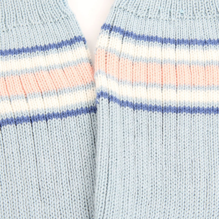 Close-up of striped socks with blue, natural, and white colors.