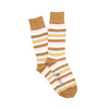 Pair of striped socks with brown, pale pink, and paleblue colors on a white background 