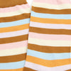 Close-up of striped socks with brown, pink, yellow, and blue colors.