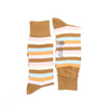 Pair of striped socks with a brand label on a white background