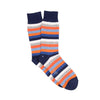 Colorful striped sock in navy, grey, blue and orange on a white background