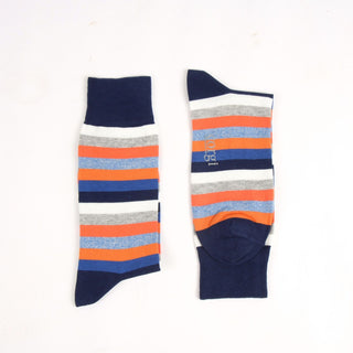 Two striped socks with a mix of colors on a white background