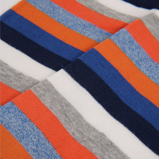 Close-up of fabric with orange, blue, and grey stripes.