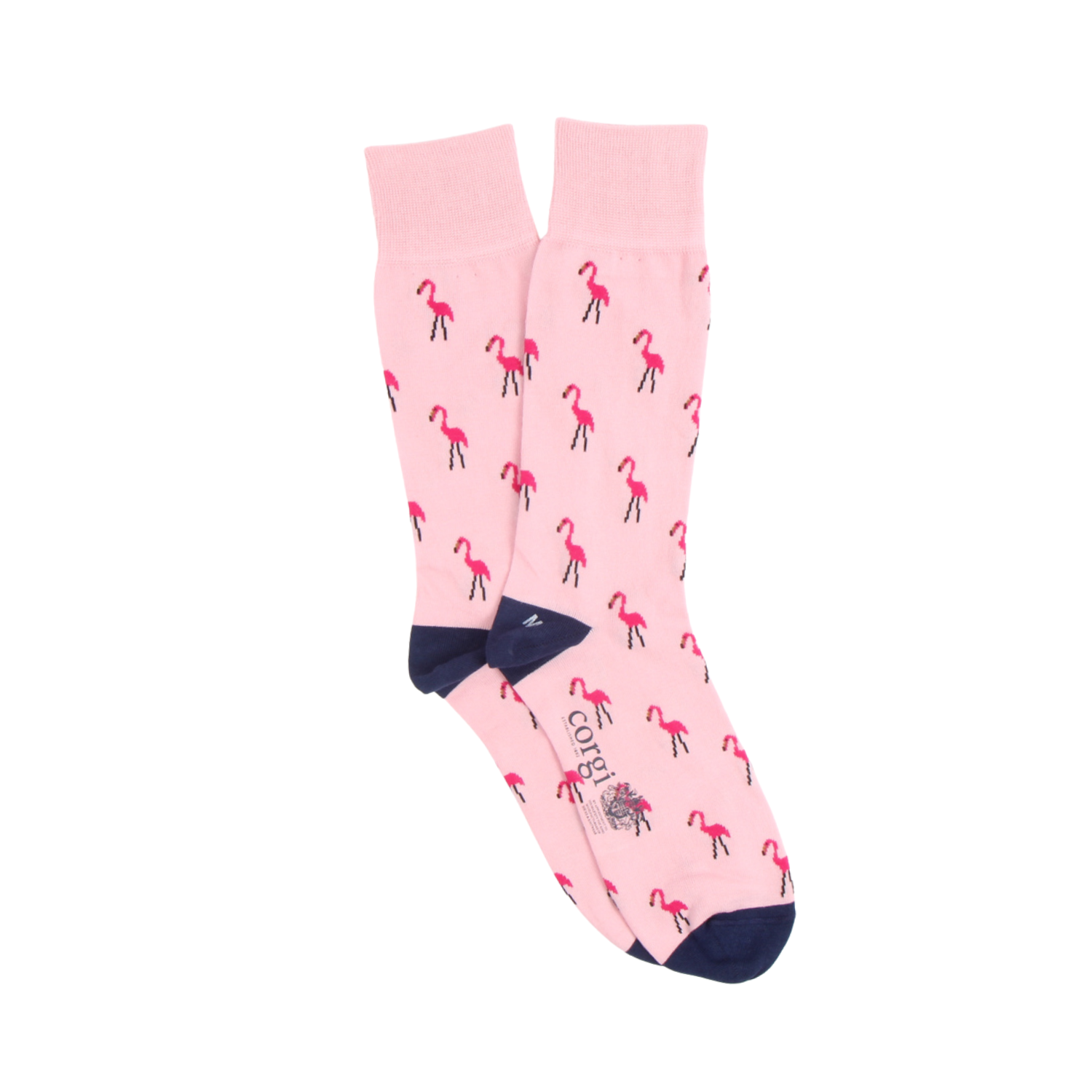 Pink socks with flamingo pattern on a white background