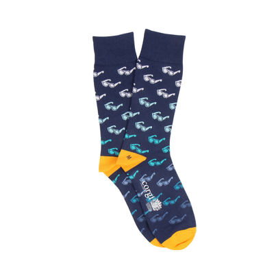 Navy blue socks with sunglasses pattern and yellow accents on a white background