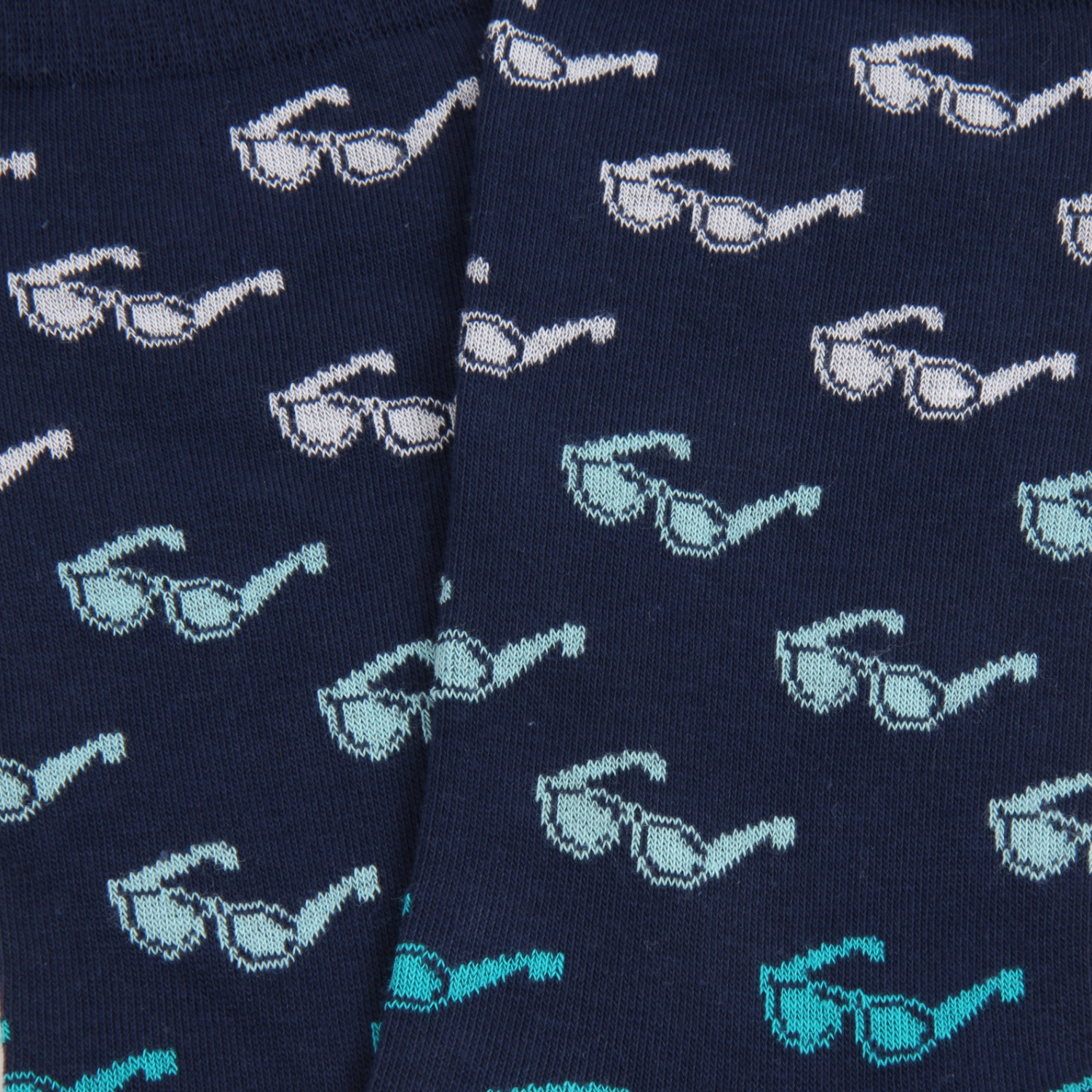 Navy blue socks with white and light blue sunglasses pattern