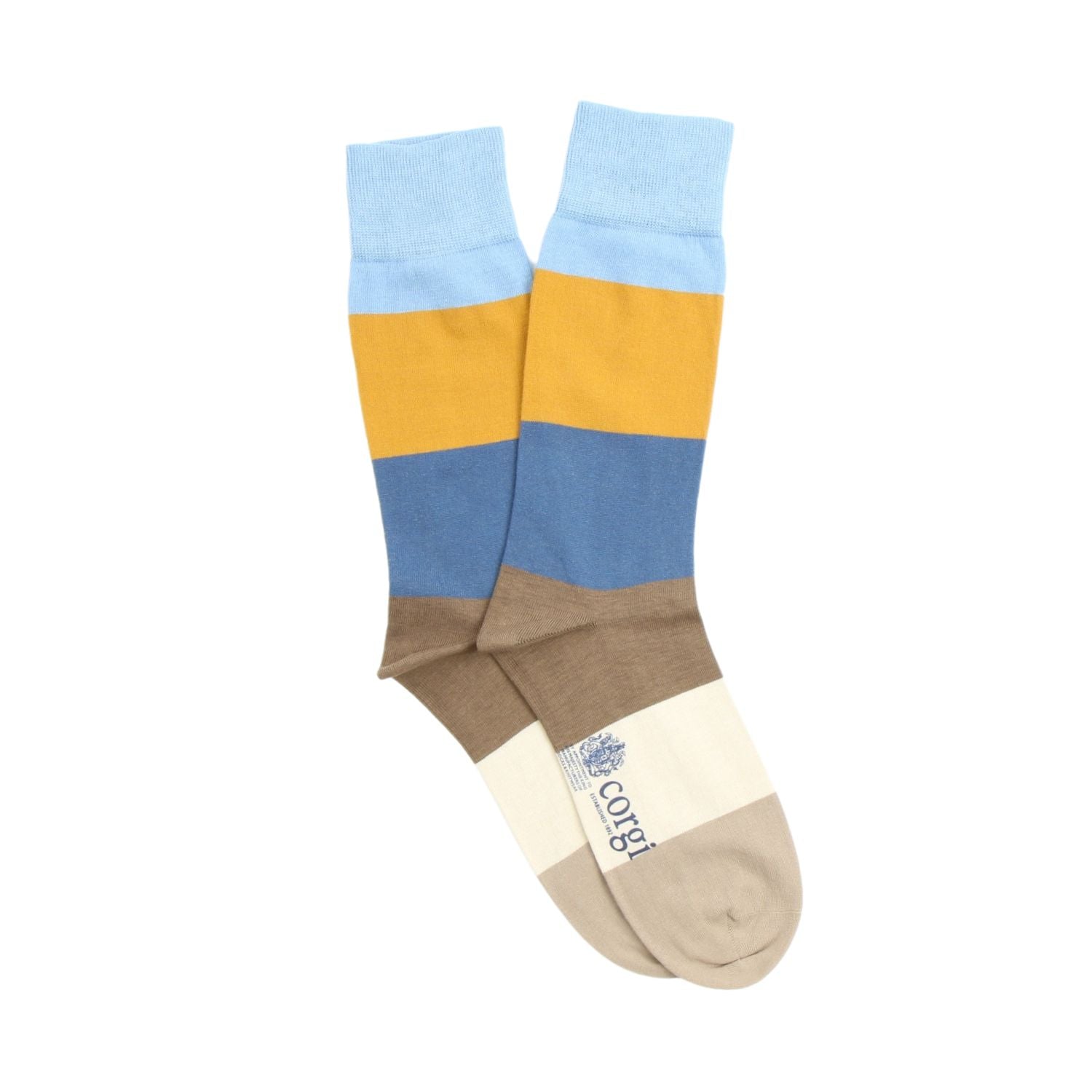 Color-blocked sock with blue, yellow, and brown sections on a white background