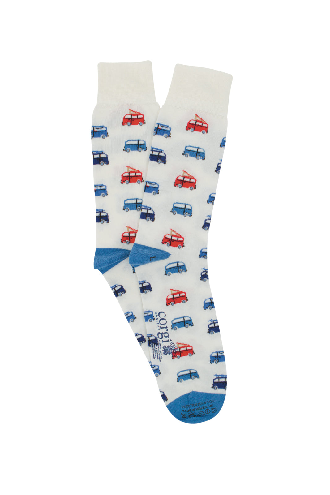 White socks with red and blue campervan pattern on a white background
