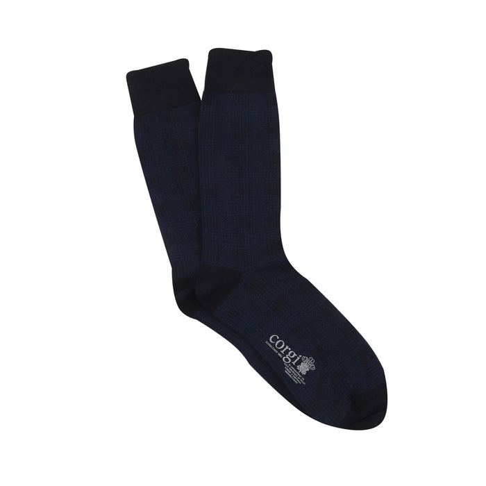 A pair of men's formal woven check cotton socks in navy and blue on a white background, 