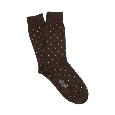 Brown socks with white polka dots on a white background