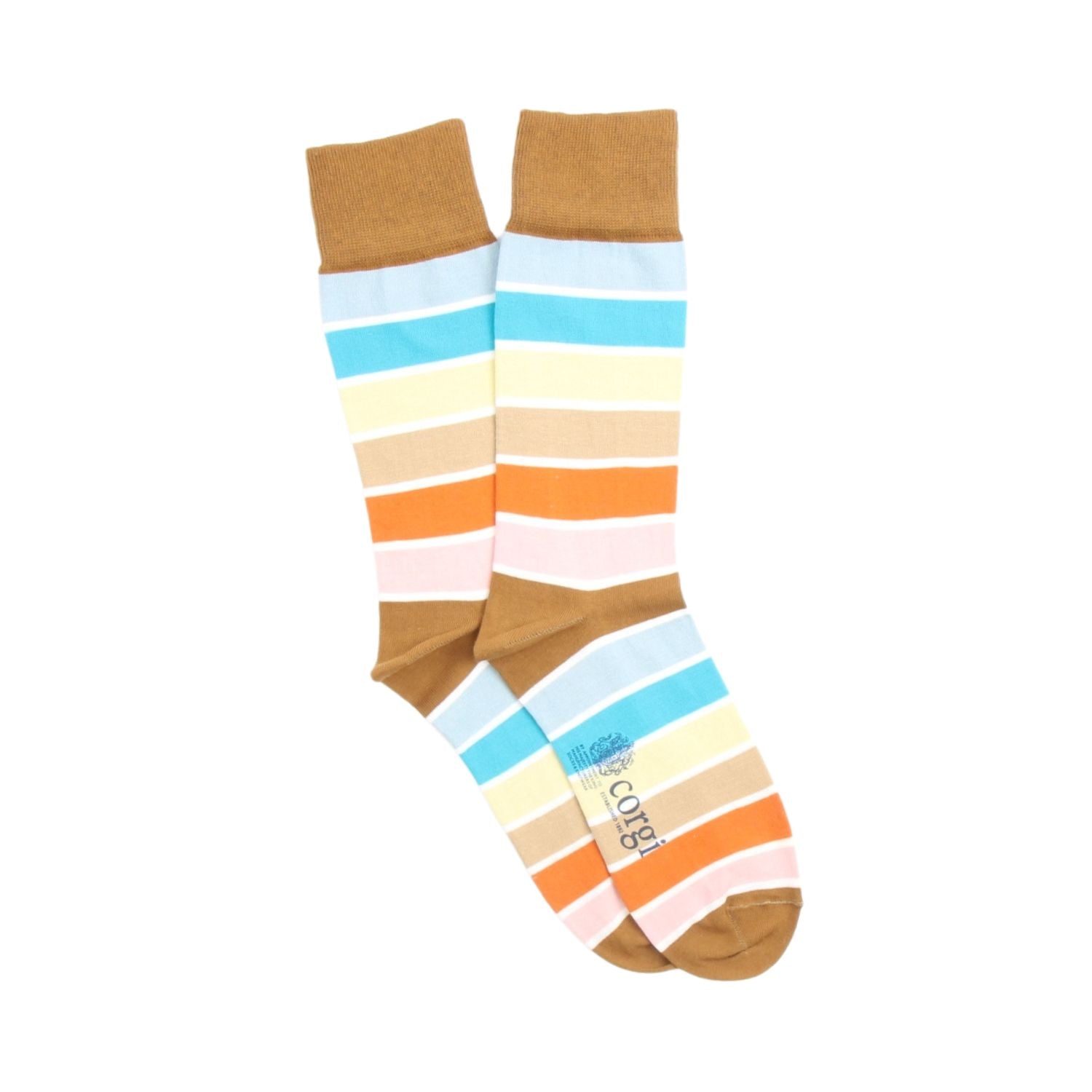 Colorful striped socks with brown accents on a white background