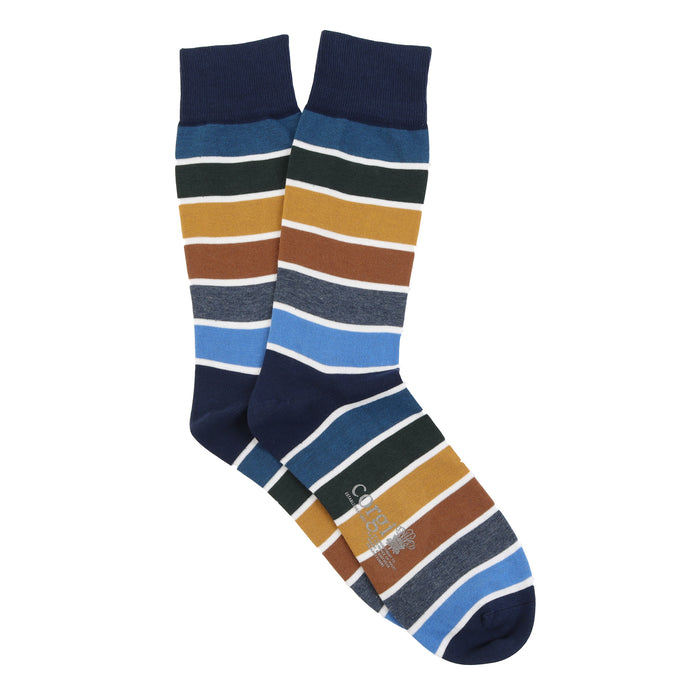Pair of striped socks with tonal blue and  brown colorus on a white background