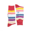 Colorful striped socks with a brand logo on a white background