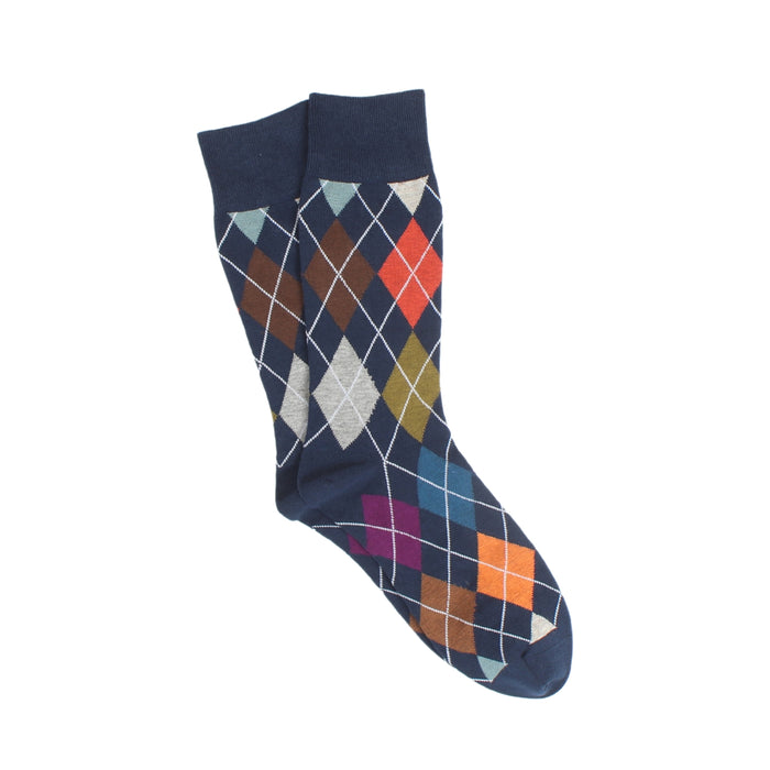 Navy sock with multicolor diamond pattern on a white background