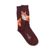 Maroon sock with a fox design on a white background