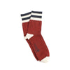 Red sock with white and navy stripes on a white background