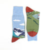 Two socks with scenic designs on a white background