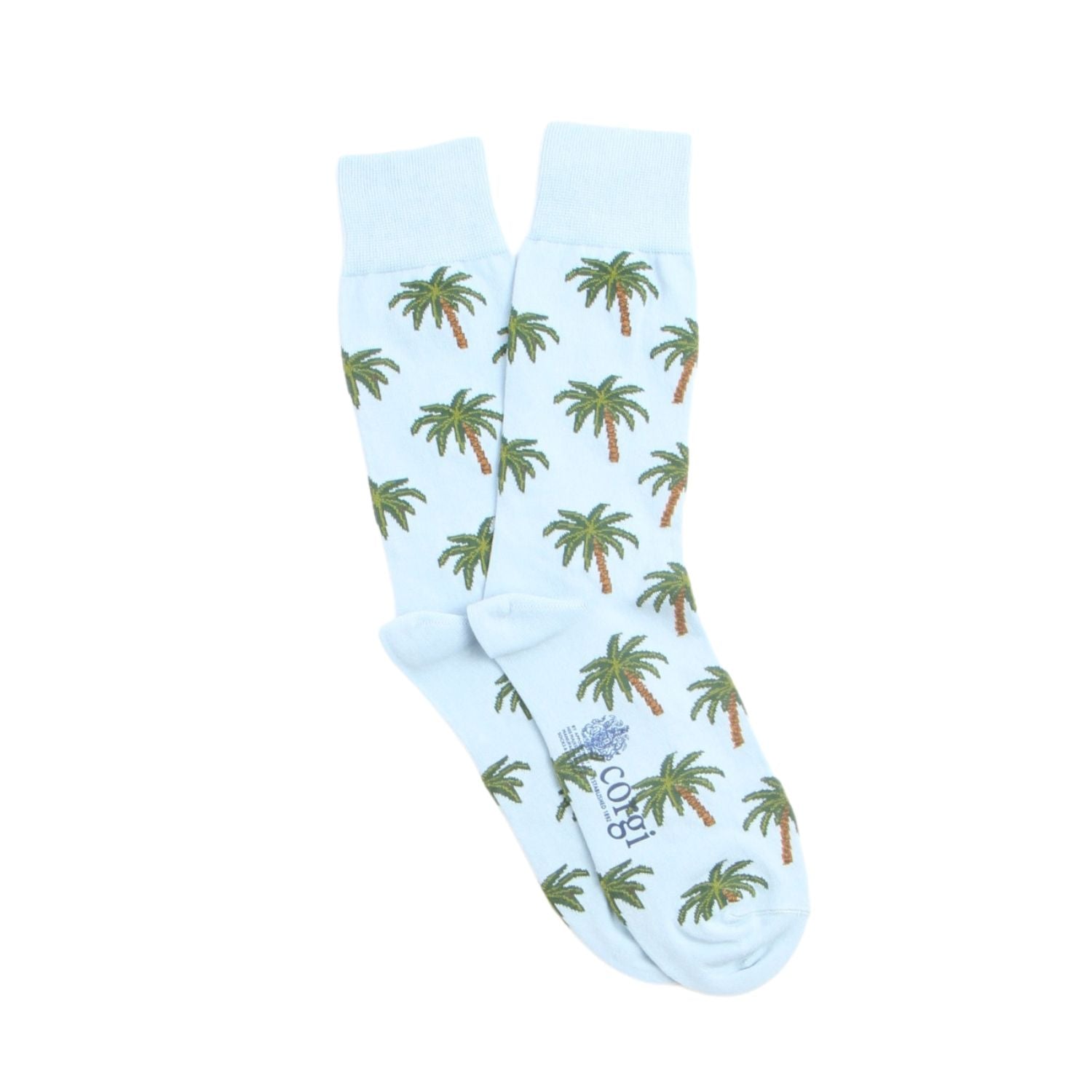 Light blue socks with palm tree pattern on a white background