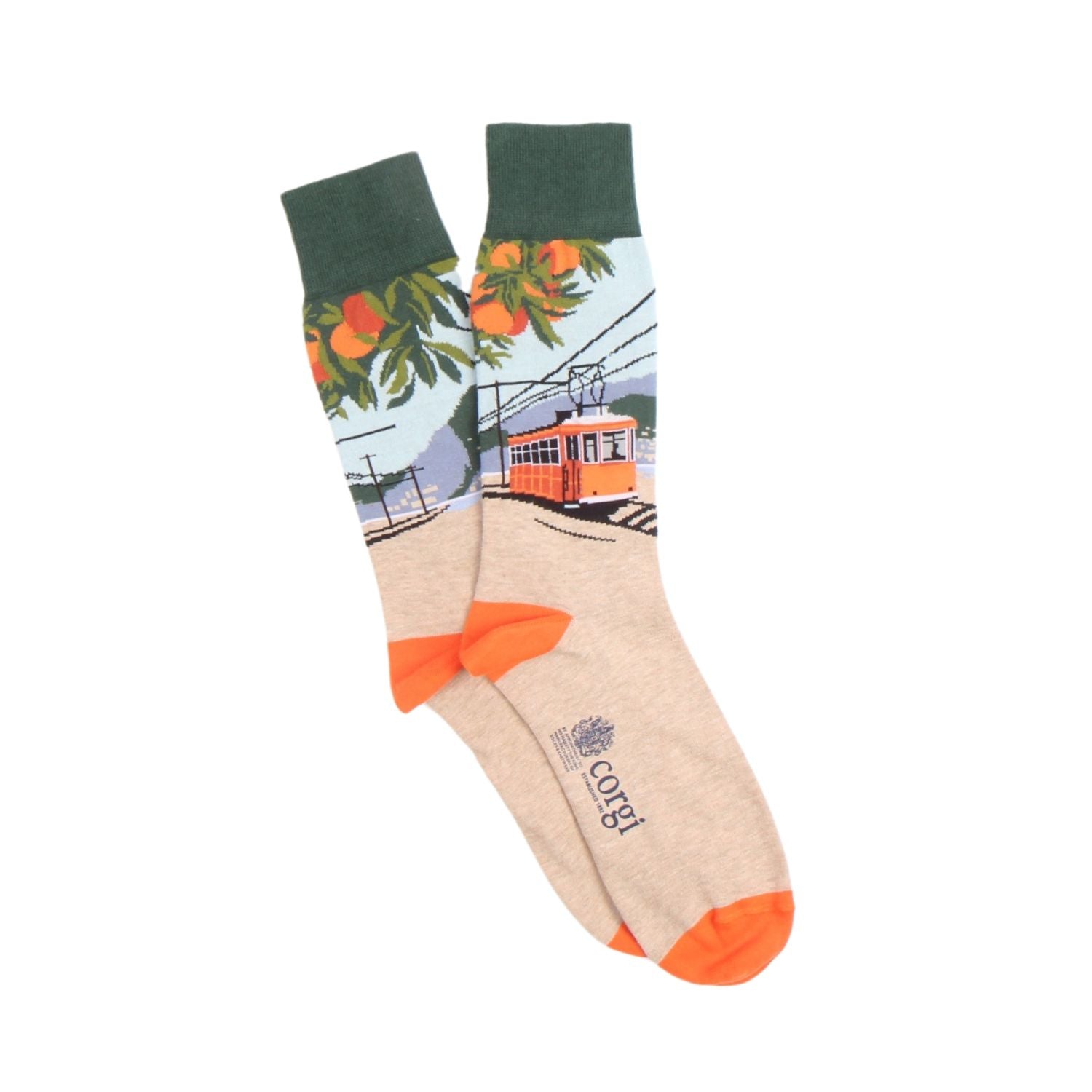 Colorful sock with a design of a streetcar and oranges on a white background