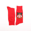 Red socks with a logo on a white background