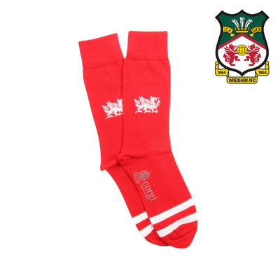 Red socks with a logo on a white background