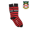 Black and red striped socks with 'Wrexham AFC' text, featuring the club's logo on a white background.