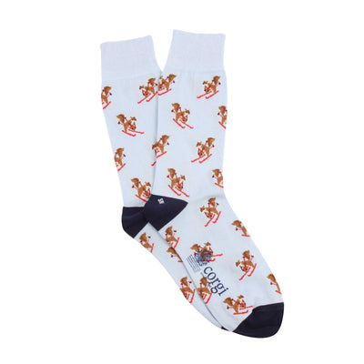 Pale blue socks with skiing squirrel pattern on a white background