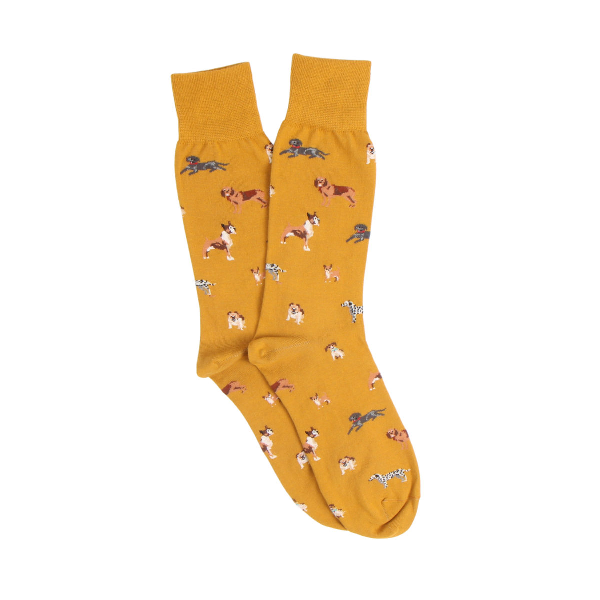 Mustard yellow socks with dog pattern on a white background