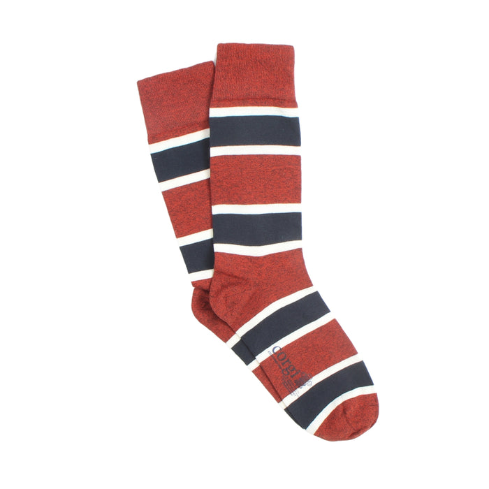 Red, blue, and white striped socks on a white background