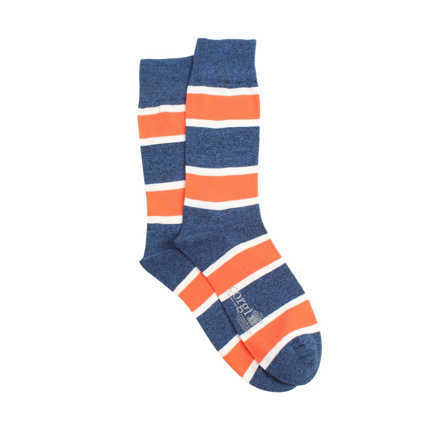 Pair of blue and orange striped socks on a white background