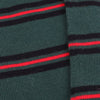 Close-up of green socks with red and black stripes