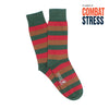 Green and red striped socks with 'Combat Stress' text on a white background