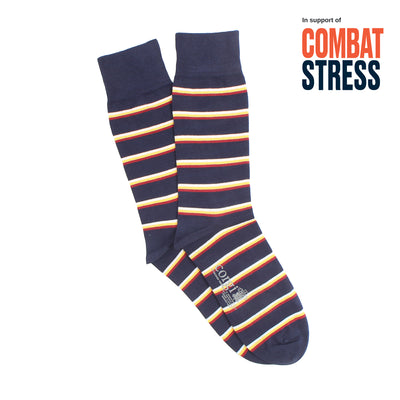 Navy socks with multicolor stripes on a white background, supporting Combat Stress.