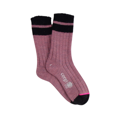 Pair of pink socks with navy accents on a white background
