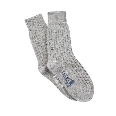 Gray sock with a brand logo on a white background