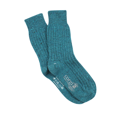 Pair of teal socks with a brand logo on a white background