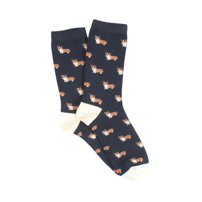 Navy socks with corgi pattern on a white background