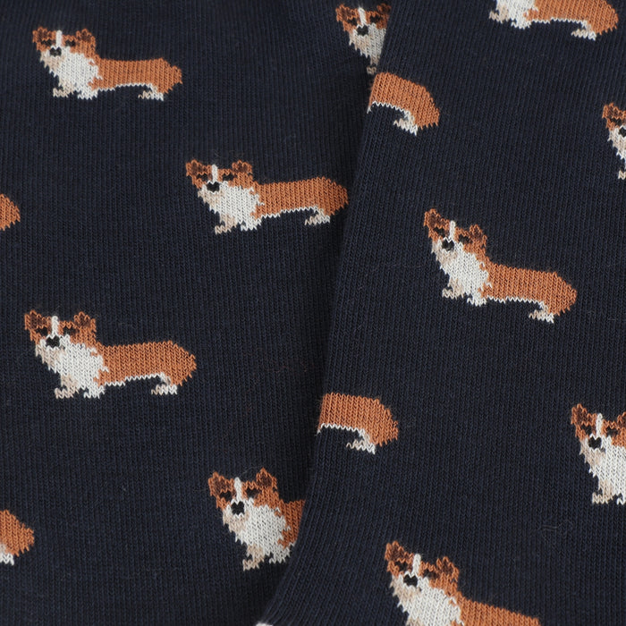 Navy blue socks with corgi dog pattern