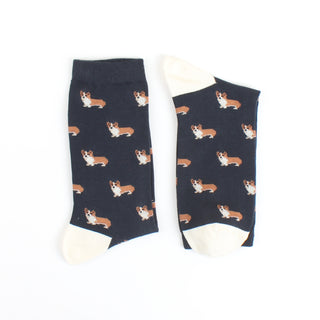 Navy blue socks with corgi dog pattern on a white background
