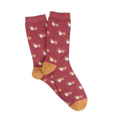 Maroon socks with corgi pattern and gold heel and toes on a white background