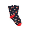 Navy blue socks with a corgi dog pattern and red accents on a white background