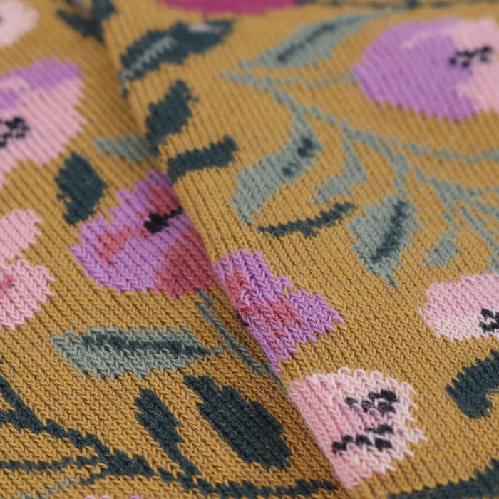 Close-up of a fabric with floral pattern on a yellow background