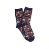 Navy blue socks with floral pattern on a white background