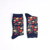 Navy socks with red and white floral pattern on a white background