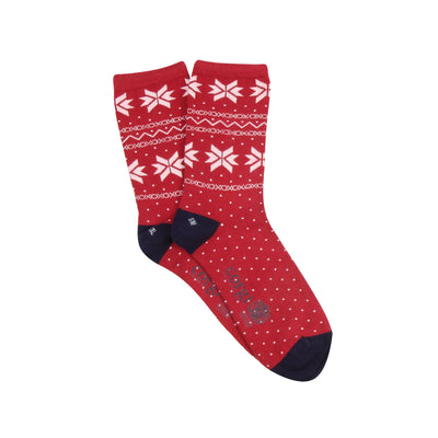 Red socks with white snowflake pattern on a white background