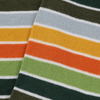 close up of a knitted fabric showing the multi colour stripes with a fine white stripe between each colour