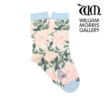 Floral patterned socks with light blue accents on a white background, featuring the William Morris Gallery logo.