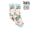 Floral patterned socks with light blue accents on a white background, featuring the William Morris Gallery logo.